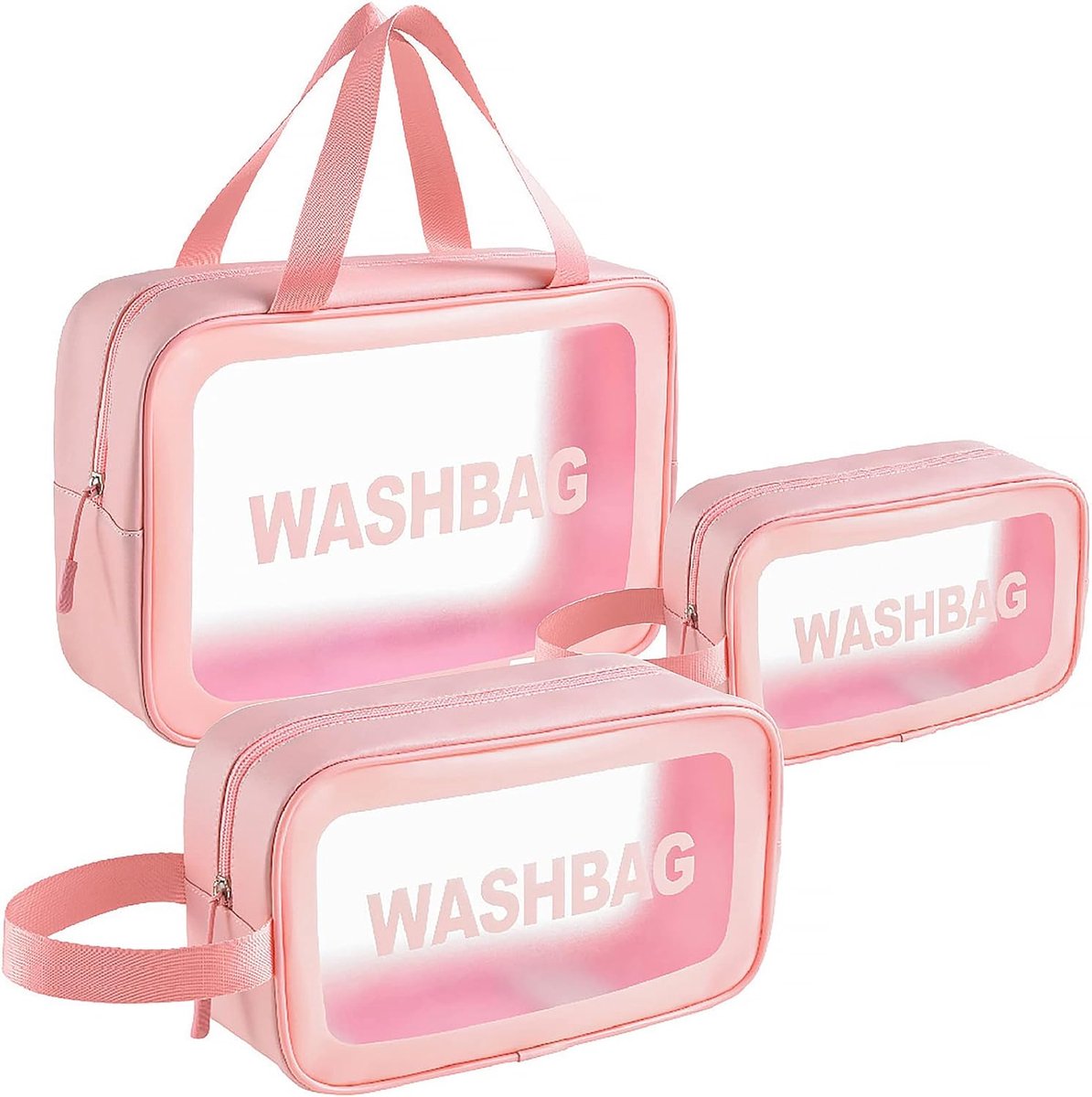SnelShoppen - Makeup Bag Transparant 3 Pack Waterdichte Toilettas Set Roze - Cosmetica Organizer voor Reizen, Dagelijks Gebruik, Groot, Medium en Klei