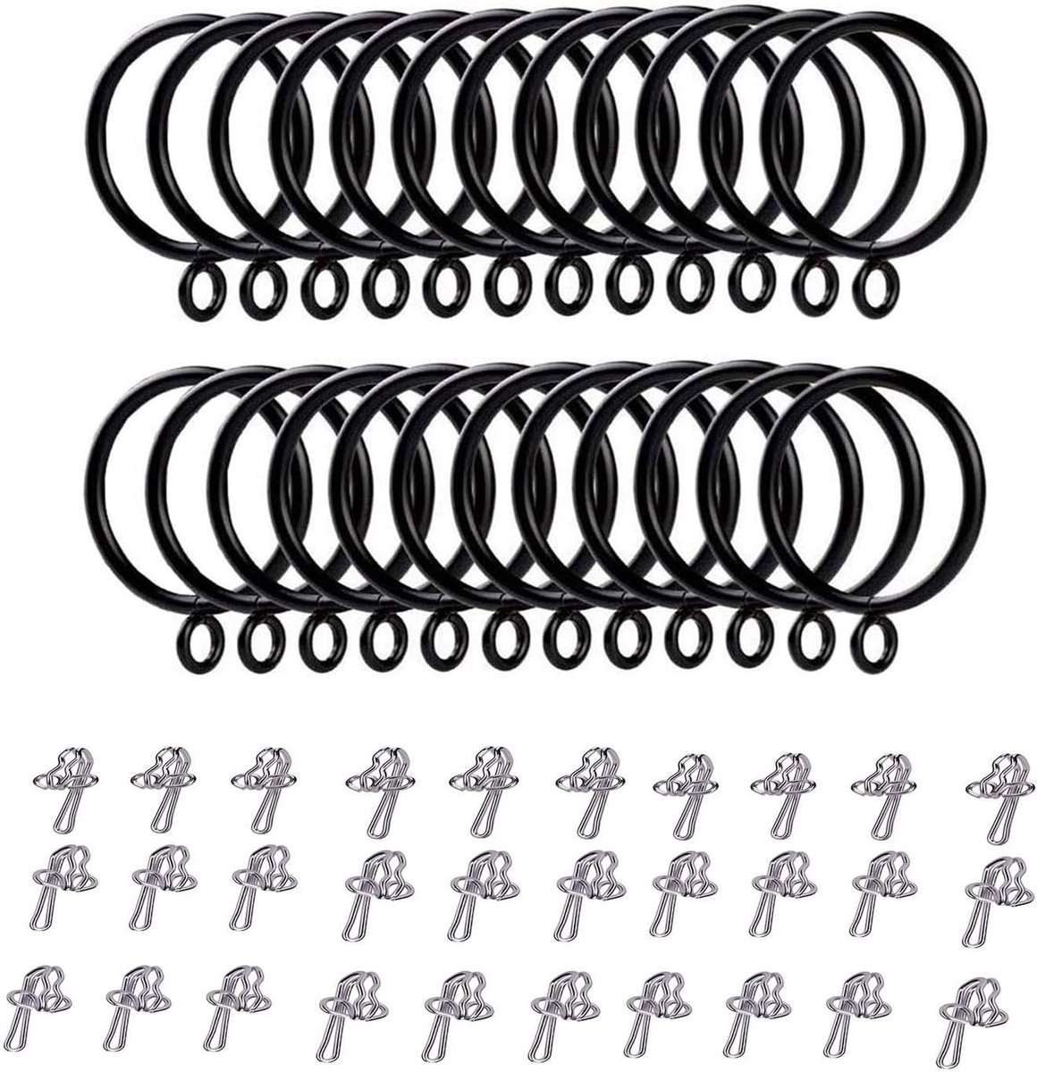 SnelShoppen - Curtain Ring Set 24 Stuks - Zwarte Metalen Ringen met 30 Haakjes - Geschikt voor Gordijnen & Douchegordijnen - 38 mm Binnen Diameter - E