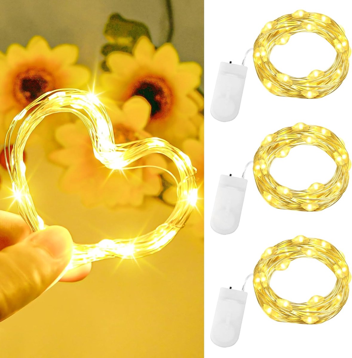 Led-lichtsnoer Batterij - Mini-lichtketting Koperdraad - Sfeer Verlichten - Flexibel Buigbaar Draad - 3 Stuks 2 Meter - Warmwit
