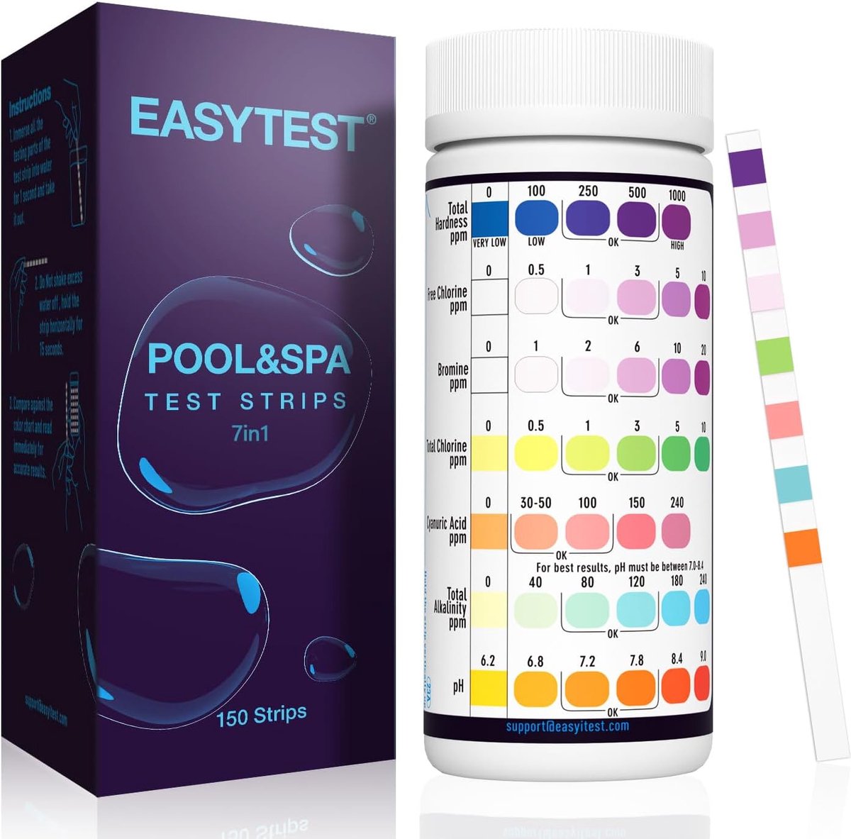 SnelShoppen - 150 EasyTest 7-Way Teststrips voor Zwembad, Hot Tub en Spa - Test Bromine, pH, Chloor, Alkaliteit en Meer - Perfect voor Waterkwaliteits