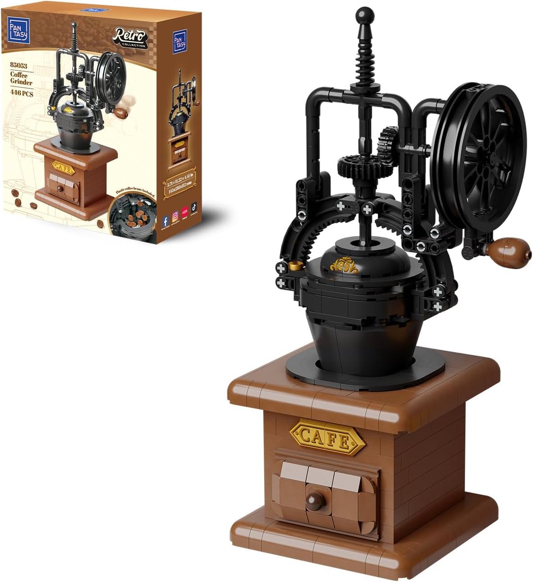 Thijox PANTASY Koffiemolen Bouwset Vintage Mechanisch Model met Handslinger Bewegende Tandwielen en Gesimuleerde Koffiebonen voor Retro Decoratie