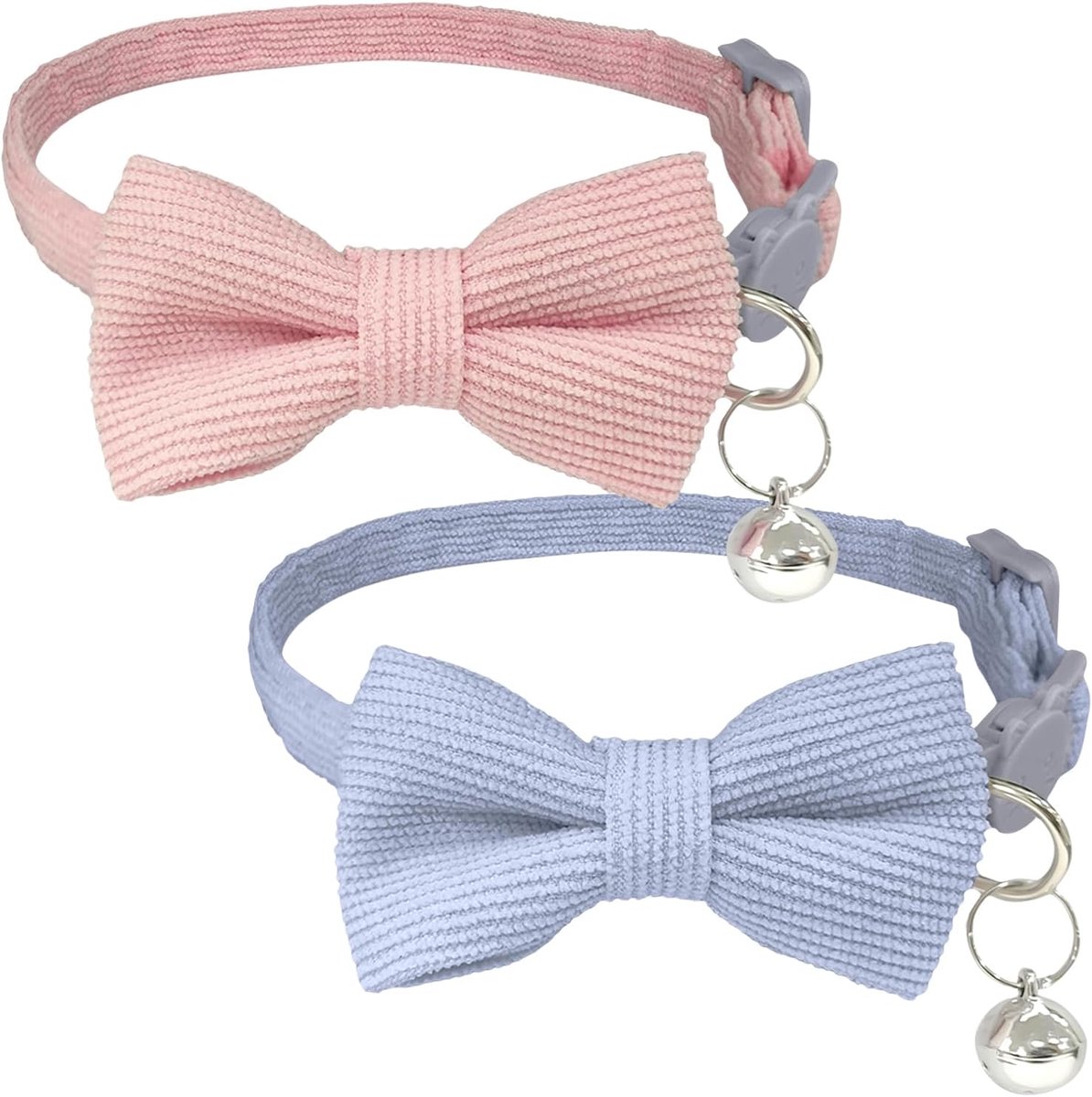 SnelShoppen - 2 Stks Schattige Kattenhalsband met Strik en Bel, Veiligheidsgesp, Corduroy, Roze en Lichtblauw, Perfect voor Kittens en Feestjes