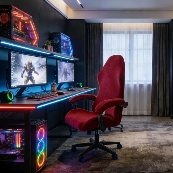 SnelShoppen - 4 Delen Gaming Stoel Hoes met Armleuningen, Anti-Slip, Verwijderbaar, Wasbaar, Goede Elasticiteit, Polyester, Rood, Voor Gaming & Comput van snelshoppen — afbeelding 4