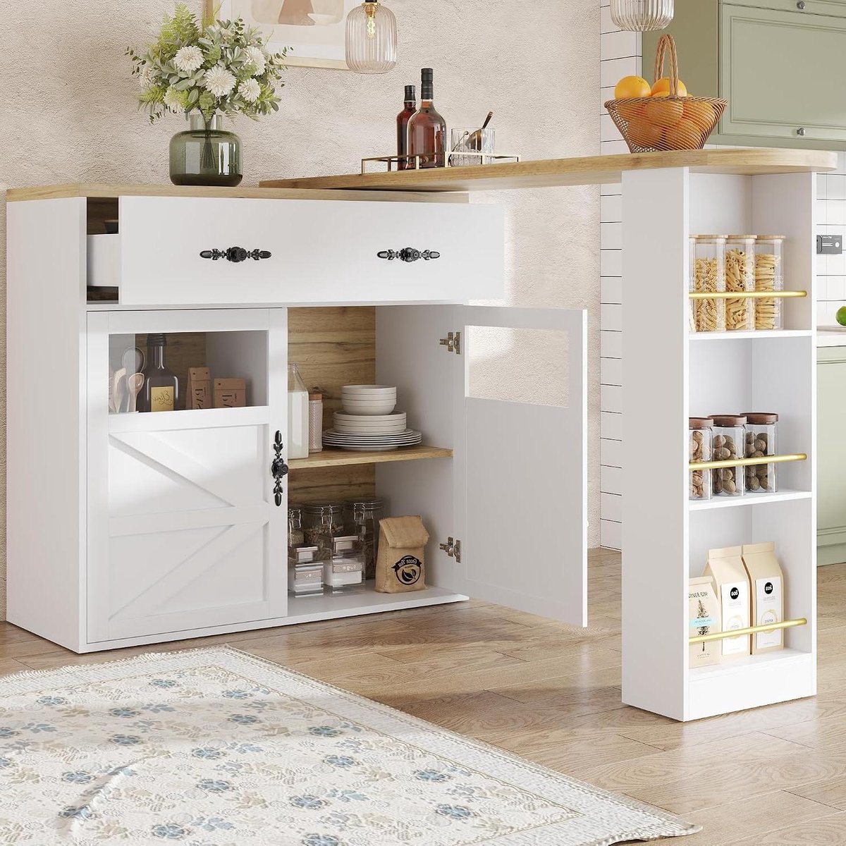 Uitschuifbare Bartafel - Keuken Eiland - Multifunctioneel Gebruik - 360 Graden Draaibaar - 138-204 x 39 x 104 cm - Wit
