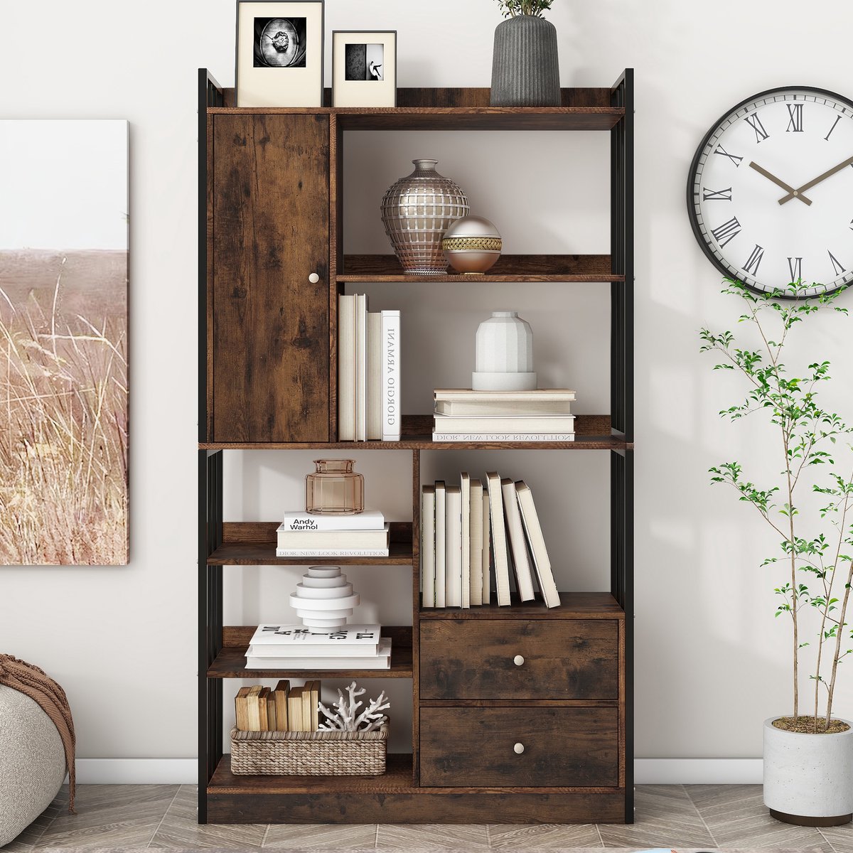 STILVORA Boekenkast – 100 x 30 x 173,5 cm – Met Deuren En Lades – Spaanplaat En Staal – Zwart Bruin – Industriële Opbergkast