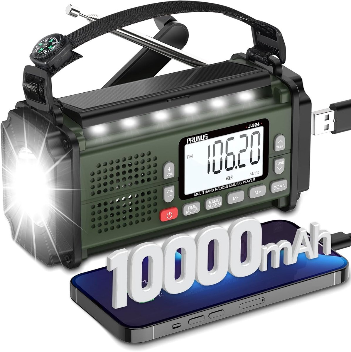 SnelShoppen - Emergency Crank Radio AM/FM/SW met 10.000 mAh Batterij, Solar Radio voor Outdoor, Overlevingsuitrusting met Zaklamp, SOS Alarm en Telefo