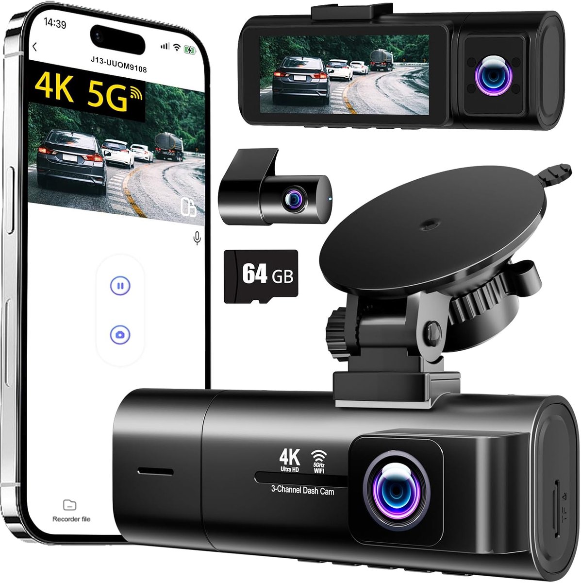 SnelShoppen - Dash Cam 3 Kanaals Voor en Achter, 4K+1080P+1080P Auto Camera met 64GB SD Kaart, 170° Groothoek, Nachtzicht, Parkeerstand, 3.1 Inch Sche