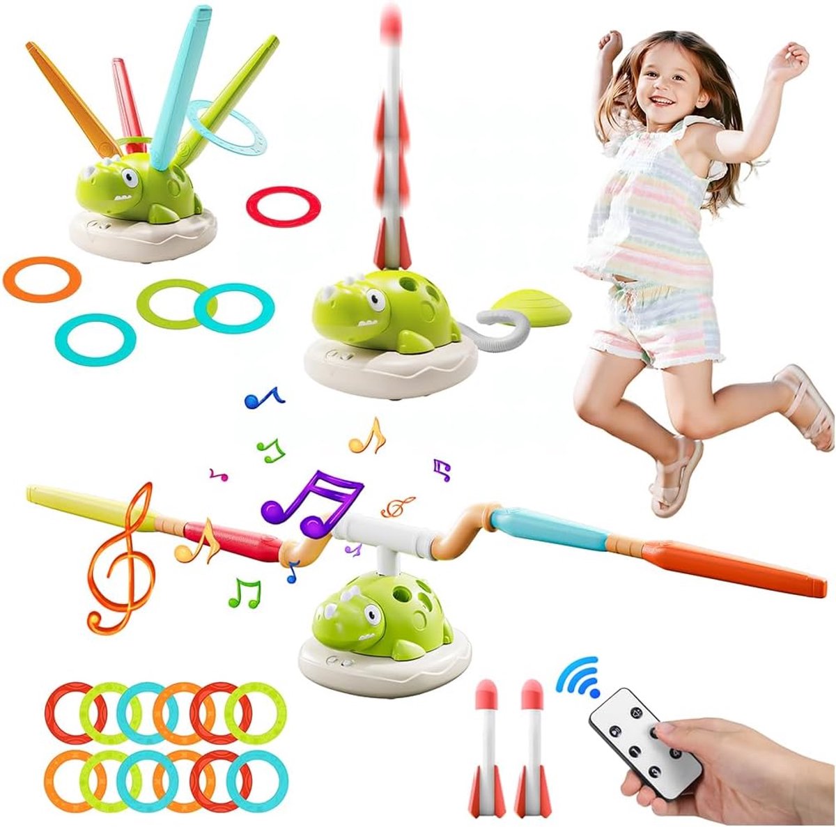 SnelShoppen - 3-in-1 Muzikaal Springen, Hoepel Gooien en Dinosaurus Lanceren Spel - Buiten Speelgoed voor Kinderen van 3-12 Jaar, Perfect voor Feestje