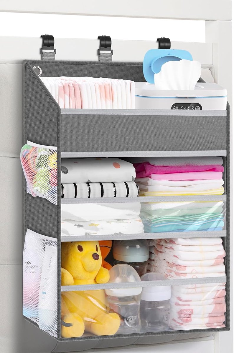 SnelShoppen - Hangende Luier-Caddy Organizer voor Kinderkamer - Ruime Opbergtassen voor Luiertafel en Kinderbed - 80+ Luiers - Met 4 Mesh Zijvakken -