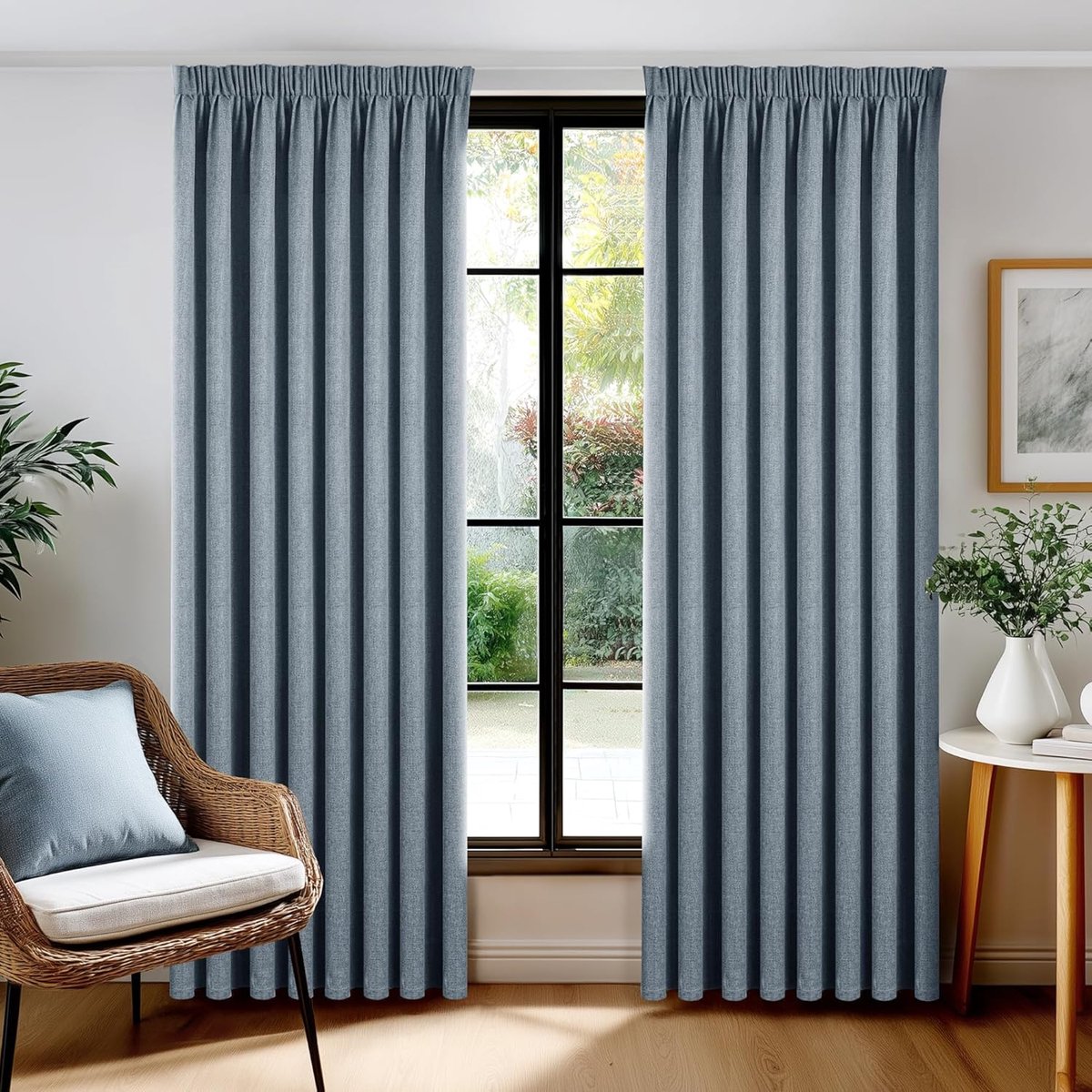 SnelShoppen - Deconovo Gordijnen 100% Blackout met Plooien - Geluid en Warmte Isolatie - Zware Zijden Gordijnen voor Woonkamer - Blauw Grijs - 140×260