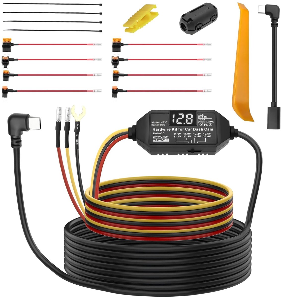 SnelShoppen - Dash Cam Acc Hardwire Kit USB Type C 12V-24V naar DC 5V 3A Oplaadkabel met Laagspanning Bescherming voor Auto Camera (3.5m)