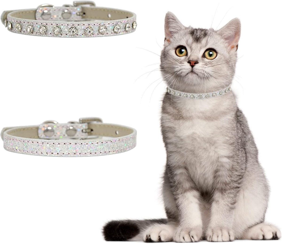Zilveren Leren Rhinestone Kattenhalsband - 2 stuks verstelbaar voor kleine honden en katten