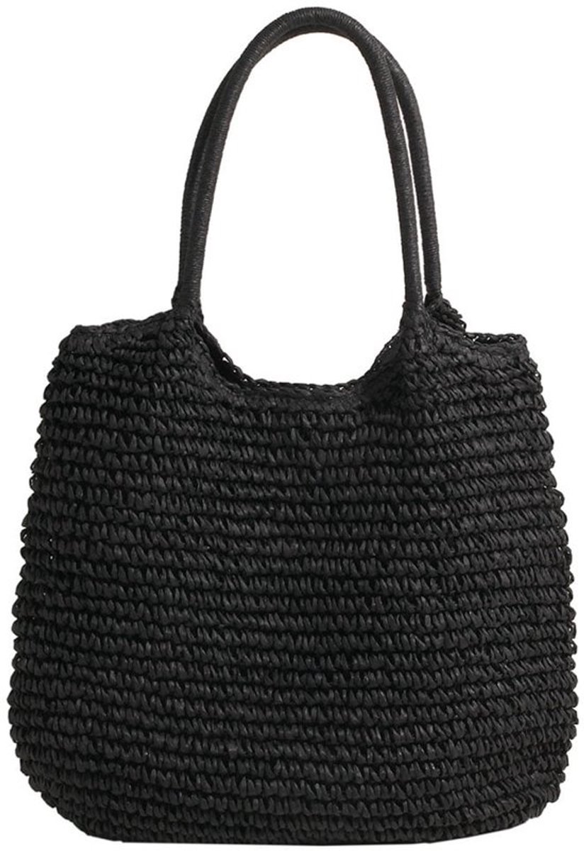 Ruime retro rieten handtas voor dames, zomerse strandtas, geweven schoudertas (zwart)