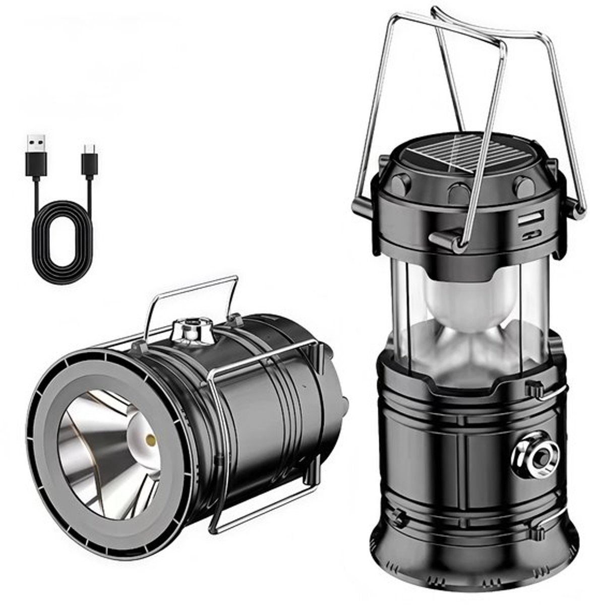 Multifunctionele zonne-kampeerlamp - ingebouwde batterij en powerbank - ultrahelder voor buitengebruik - draagbare retro-noodlamp tijdens stroomuitval - zwart