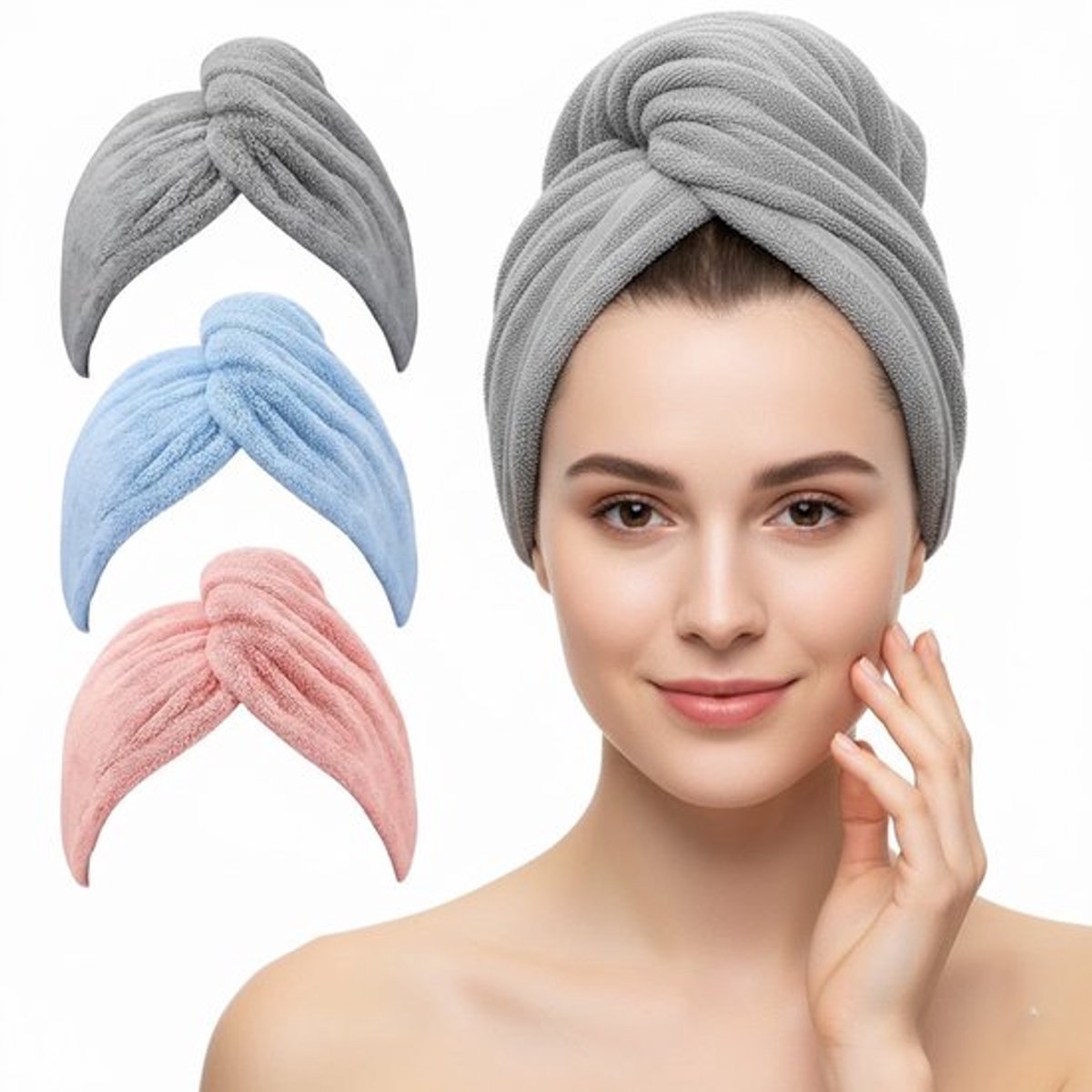 Haarhanddoek - 3 Stuks - Snel Drogend - Haardoek - Haarhanddoek - Hoofdhanddoek - Zacht & Absorberend - Geschikt voor Haar en Hoofd - Grijs, Blauw & Roze
