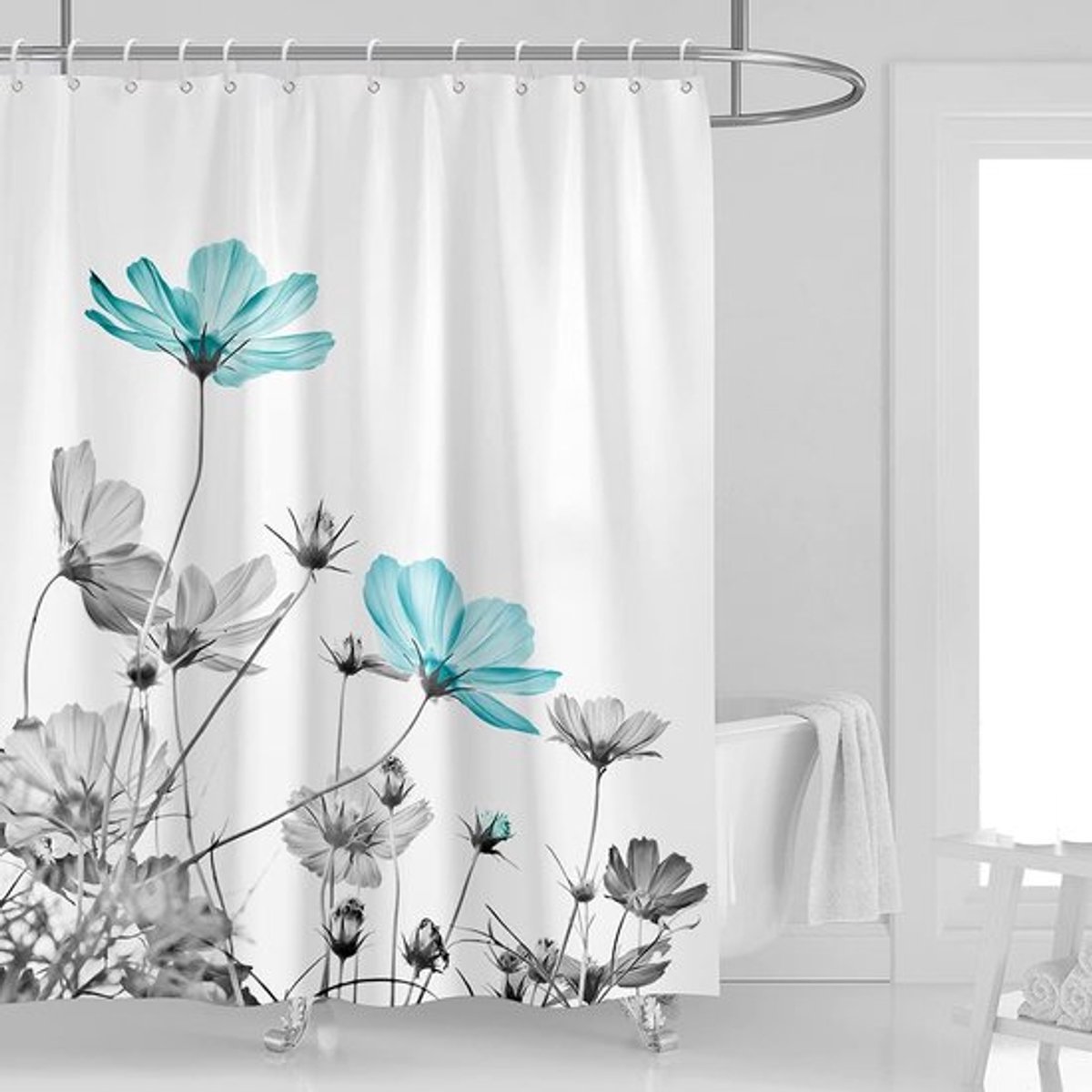 Blauwgroene en grijze bloemendouchegordijn 152 cm B x 183 cm L Grijswit madeliefjesmotief Elegant wildbloemenontwerp Boerderij Polyester stof Waterdicht 12 stuks Plastic haken