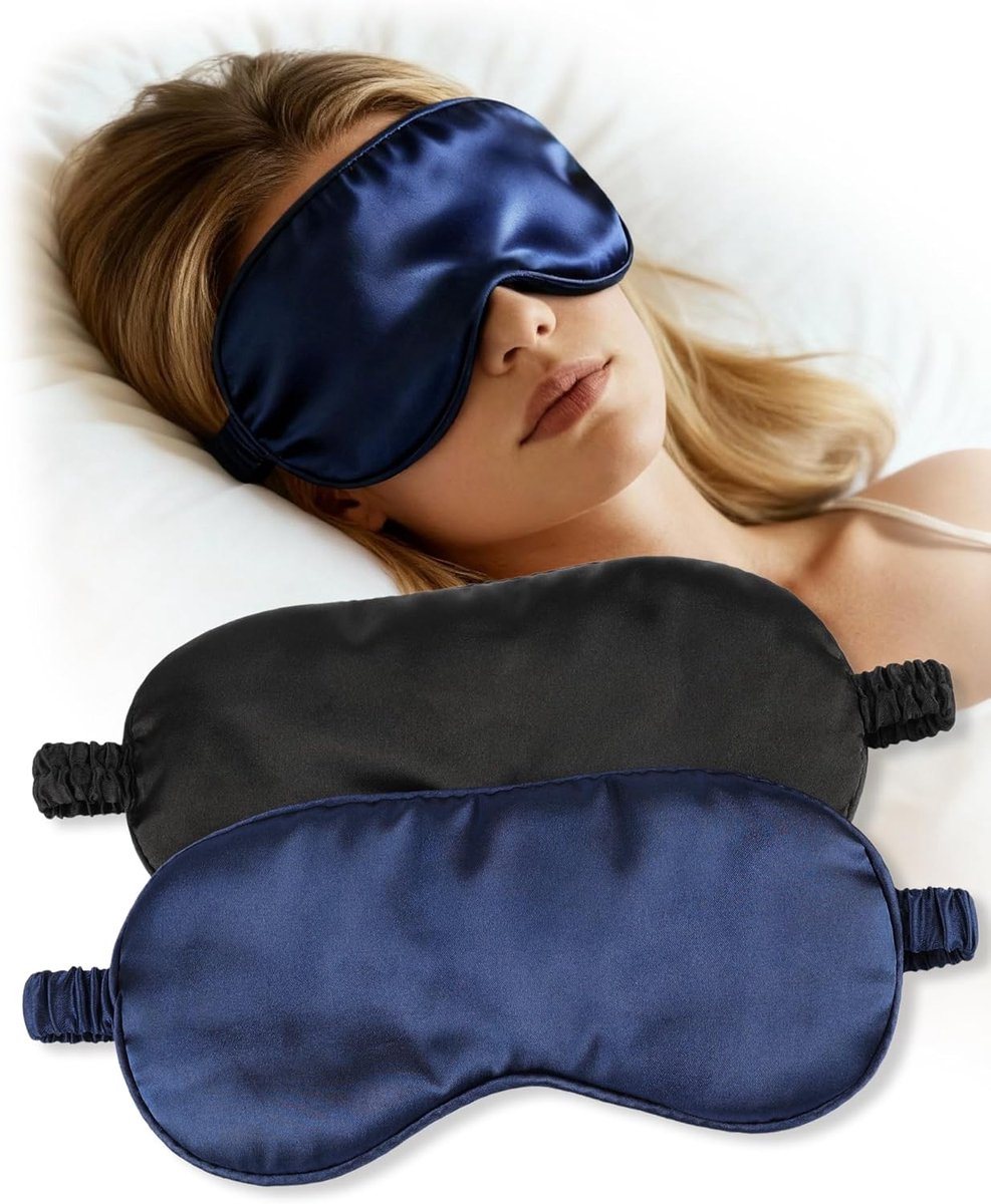 SnelShoppen - 2 Stuk Slaapmasker Zijde Oogmasker Lichtblokkerend Reis Dutje Verstelbare Band Comfortabel Zwart Marineblauw voor Mannen en Vrouwen