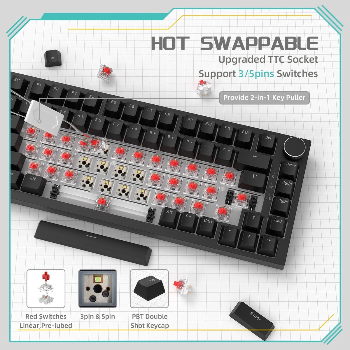 SnelShoppen - YINDIAO Ajazz AK820 Mechanisch Toetsenbord Gaming, 75% ANSI-Indeling, 81 Toetsen, Bedraad, Hot-Swappable, Rode Schakelaar, Geluidsabsorb thumbnail 3