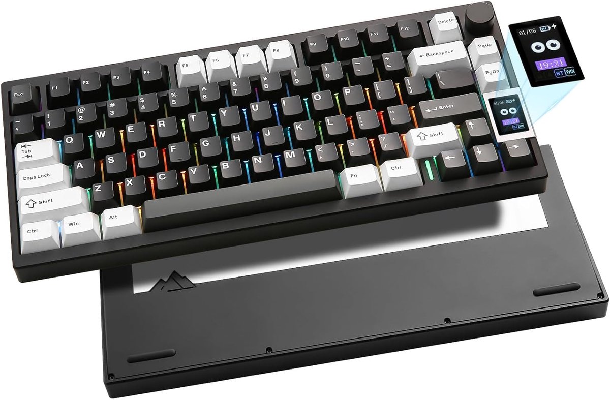 SnelShoppen - Draadloos Mechanisch Toetsenbord Aluminium CNC met LCD-scherm, Hot Swappable, 75% Layout, BT/2.4G/USB-C, QMK/VIA Ondersteuning, Zwart/Co