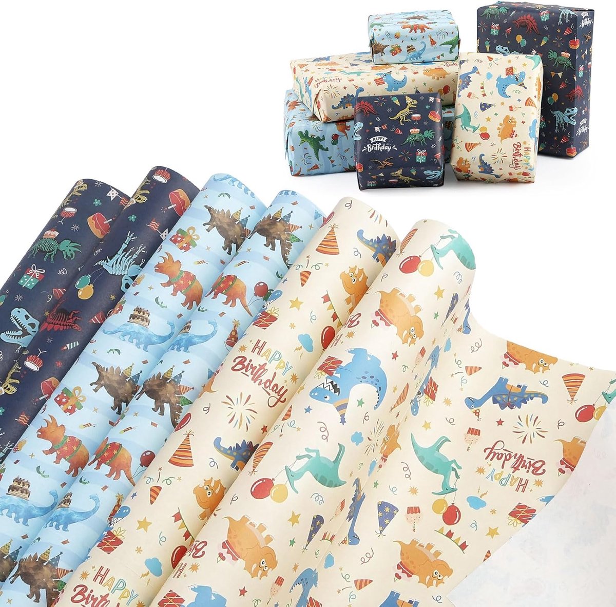 SnelShoppen - Cadeaupapier met Dinosaurusmotief, 6 Vellen Inpakpapier 70x50 cm voor Verjaardagen, Babyfeestjes, Bruiloften en Kerstmis, Dino-Thema Cad