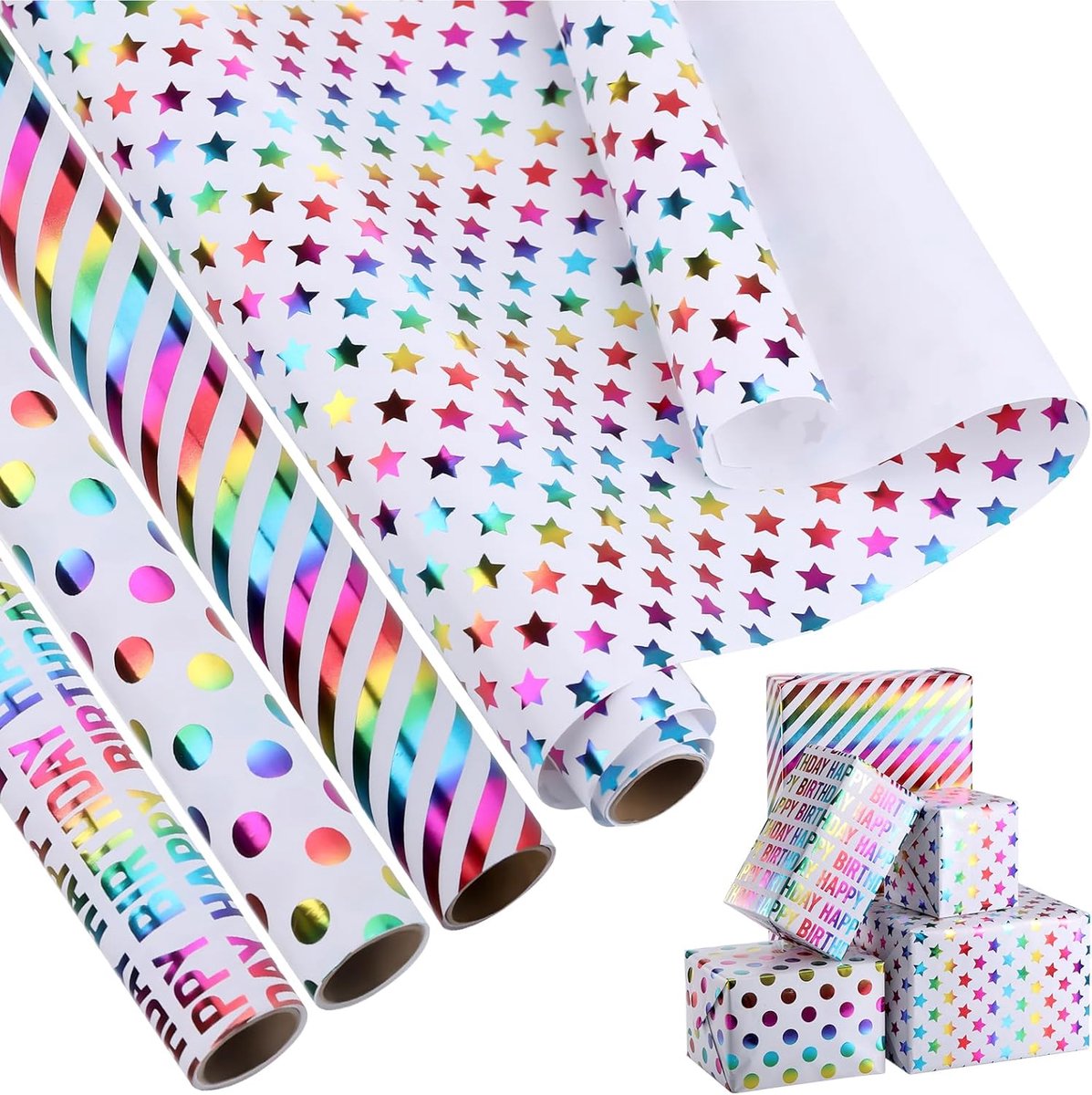SnelShoppen - Verjaardag Inpakpapier Rol 4 Stuks 43 cm x 3 m Kleurrijk Regenboog Cadeaupapier voor Feest, Baby Shower, Vakantie en Meer