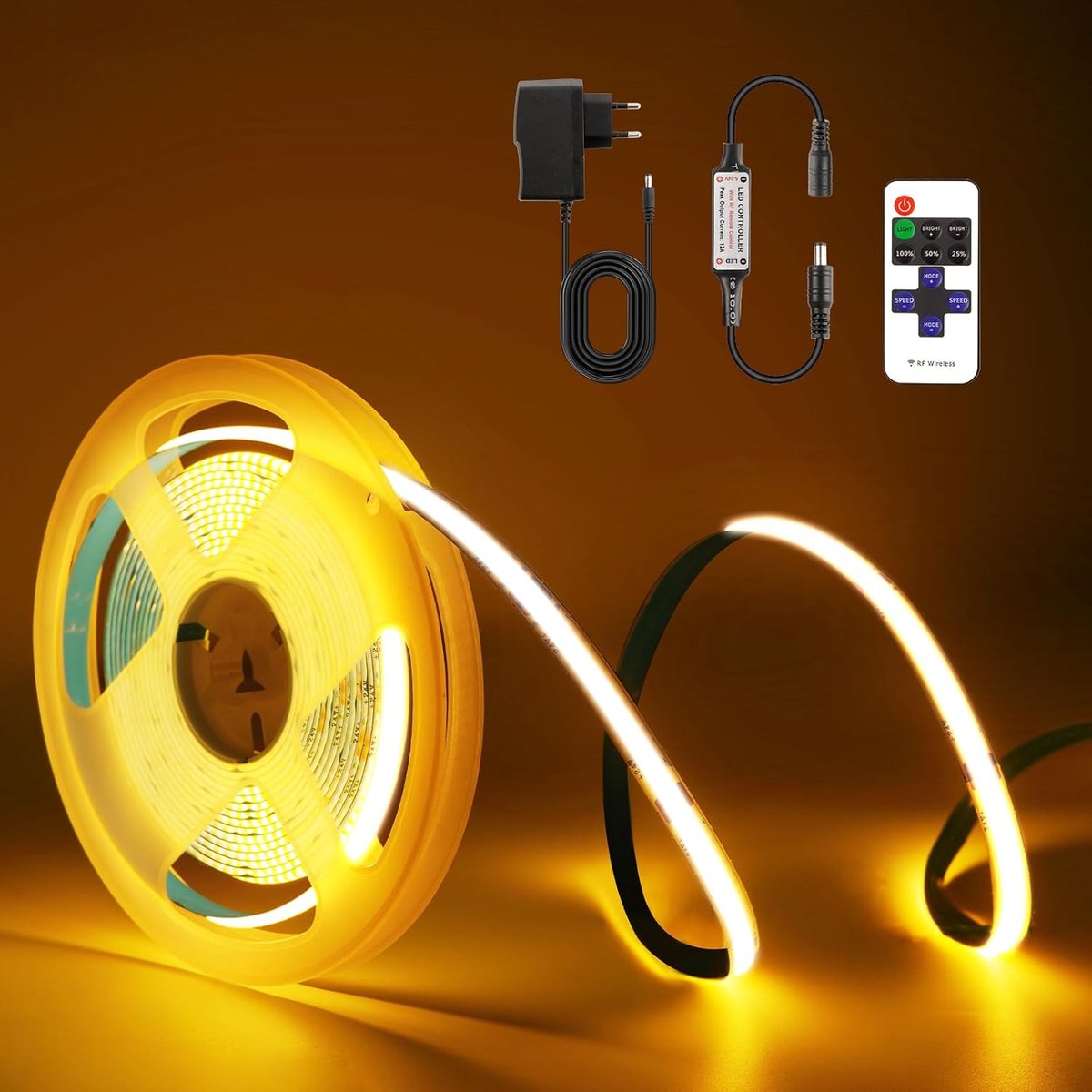 SnelShoppen - Cob LED-strip 2M, 24V Warm Witte LED-strip 2700k, 320 LED's/M, Flexibele Verlichting met RF-afstandsbediening voor Slaapkamer, Kast en D