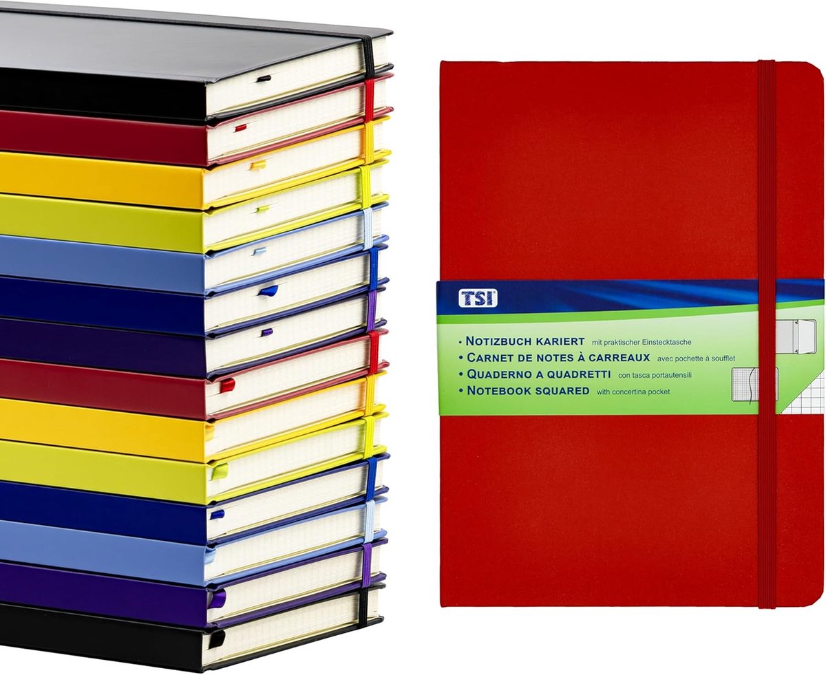 SnelShoppen - Notitieboek A5 Geruit Rood - 192 Pagina's - Stevige Hardcover met Binnenvak, Bladwijzer en Elastische Sluiting - Perfect voor School, We