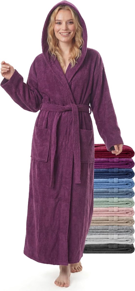 SnelShoppen - Dames Badjas Extra Lang met Kap – 100% Katoenen Frottee 380 g/m² – Sauna & Spa Dressing Gown, Zacht en Absorberend, Maten S–XXL