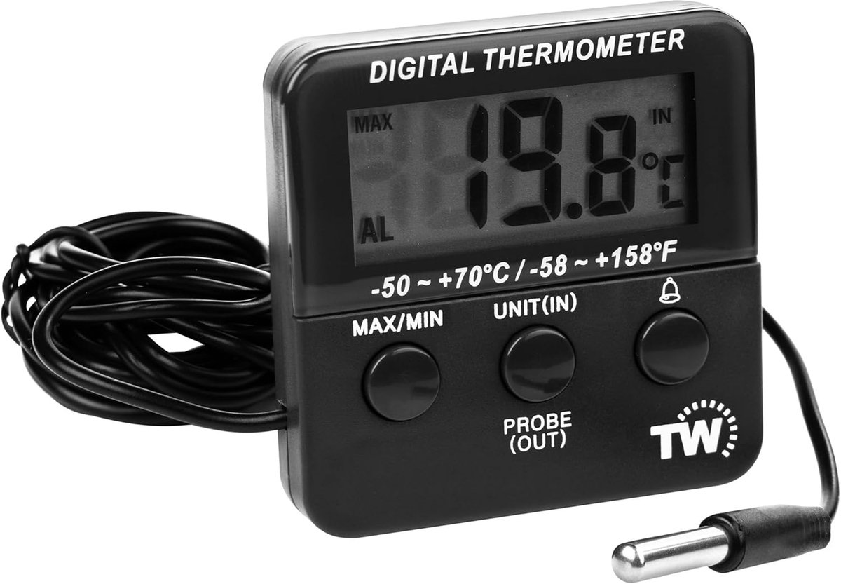 SnelShoppen - Digitale Koelkast Thermometer met Alarm, Maximaal/Minimaal Functie, Magnetische Bevestiging, 2m Probe Kabel, CE Gecertificeerd, -50 tot