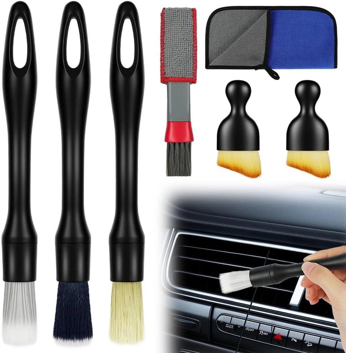 SnelShoppen - Car Detailing Brush Set 8-delig, Auto Interieur Schoonmaakborstels, Zachte Borstels, Krassenvrije Borstels met Microvezeldoek en Opbergt