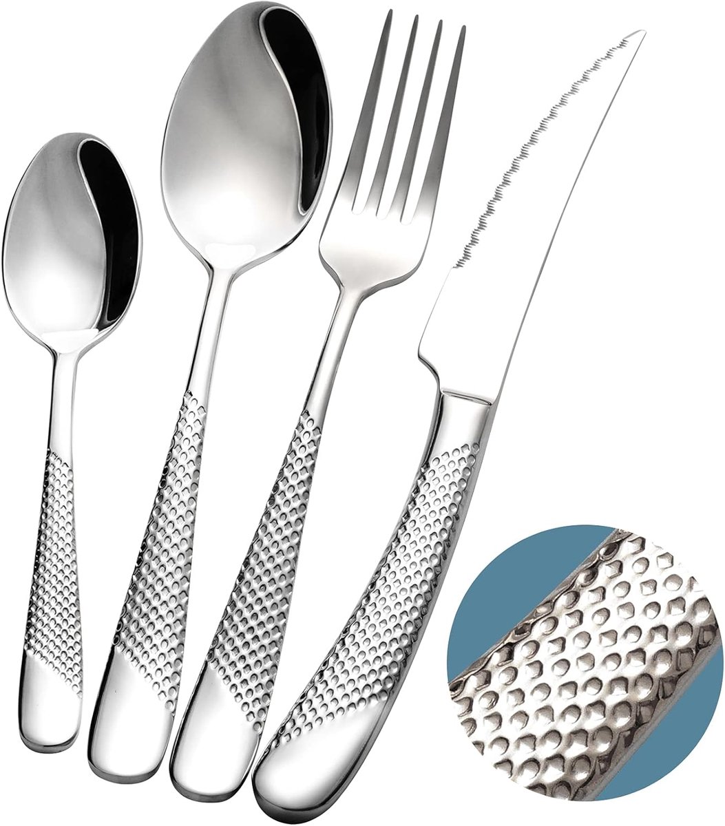 SnelShoppen - Modern Hammered Bestekset 24-delig - RVS 18/10 - Inclusief Ultra-Scherpe 2-in-1 Getande Messen - Compleet Set voor 6 Personen - Perfect