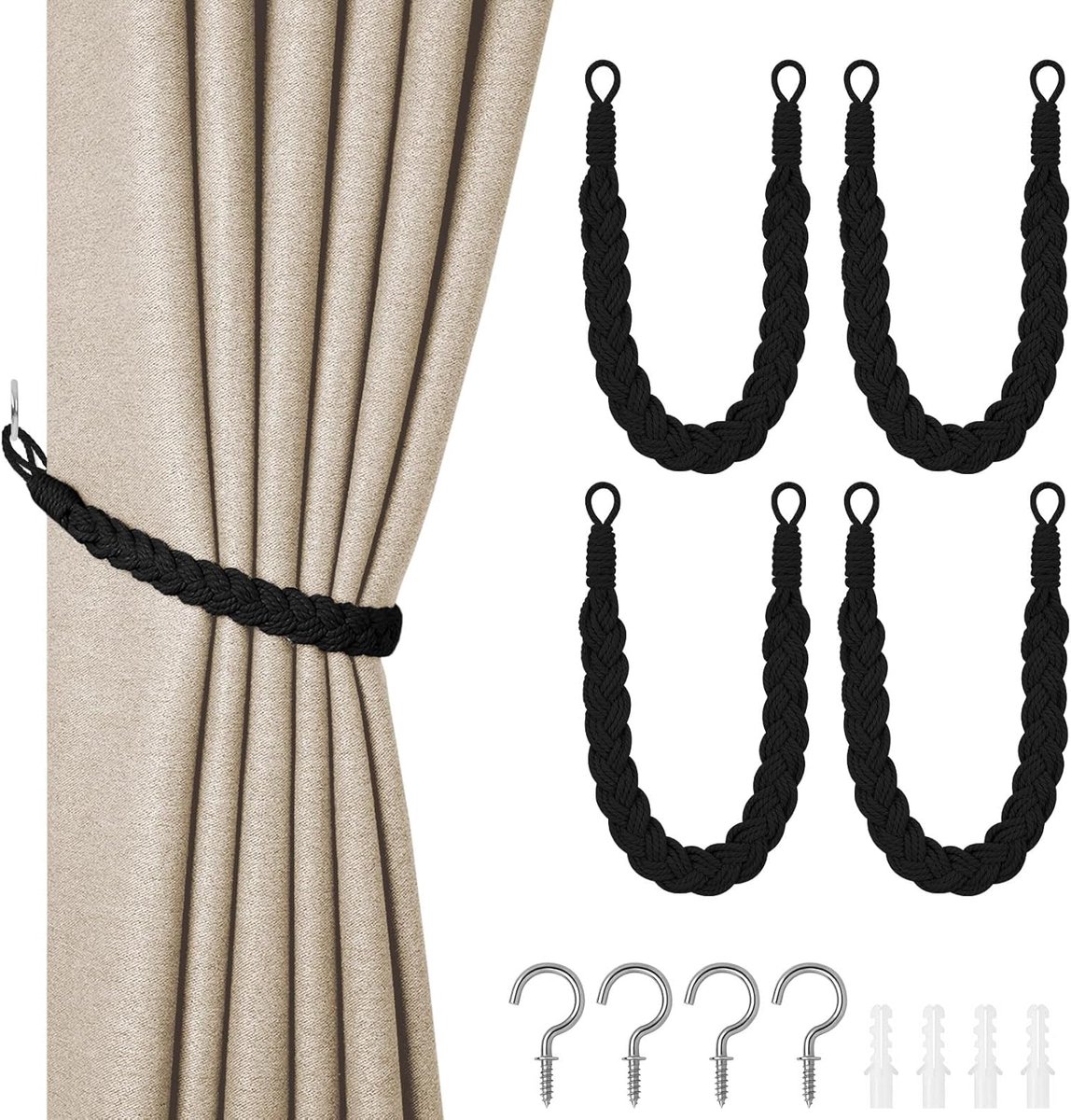 SnelShoppen - Natuurlijk katoenen touw gordijnbinders, 4 stuks handbreigordijnen, boho-stijl decoratieve draperie stropdas, zachte touw gordijn houder