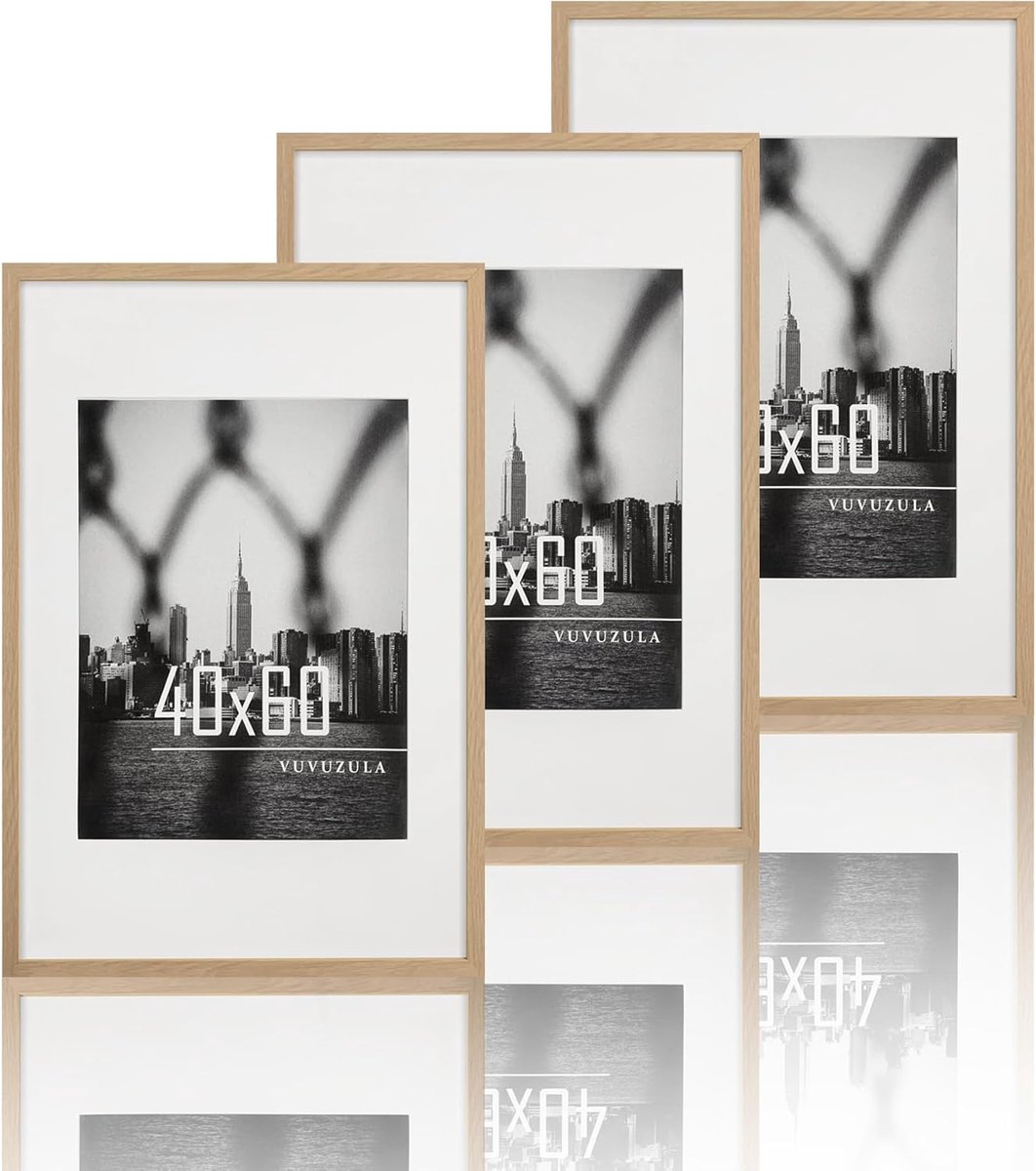 SnelShoppen - VUVUZULA Fotolijst Set van 3 - Houten Fotolijsten 40x60 cm in Eiken met Passe-Partout - Perfect voor Posters, Natuurdecoratie, Woonkamer