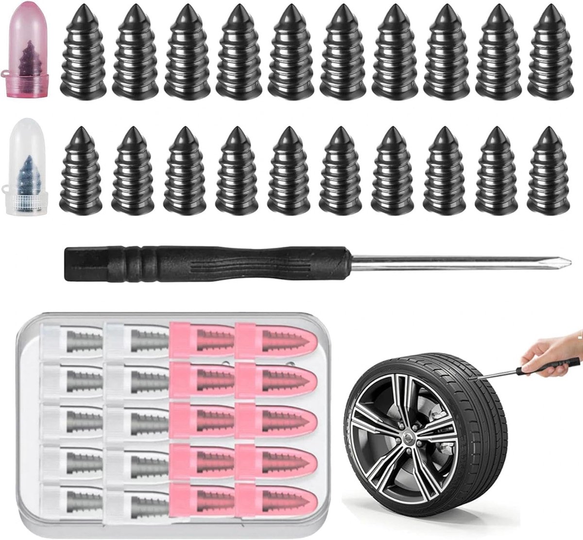SnelShoppen - 20-delige Bandenreparatieset voor Auto's en SUV's, Vacuüm Bandenreparatienagels 1-5 mm, Inclusief Opbergdoos en Schroevendraaier
