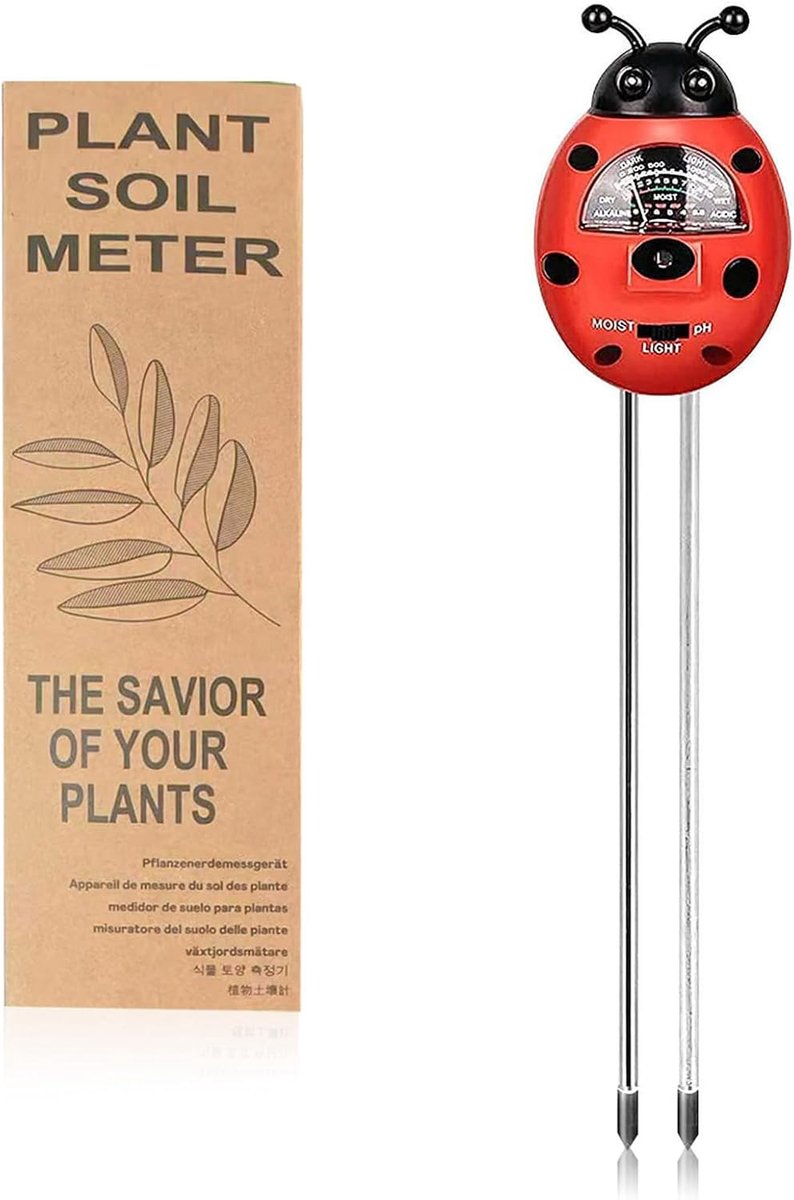 SnelShoppen - Lieveheersbeestje Bodemtester 3-in-1 - Vochtigheidsmeter, pH-Meter, Lichtmeter voor Planten - Tuinieren, Gazons, Huishoudelijk Gebruik -