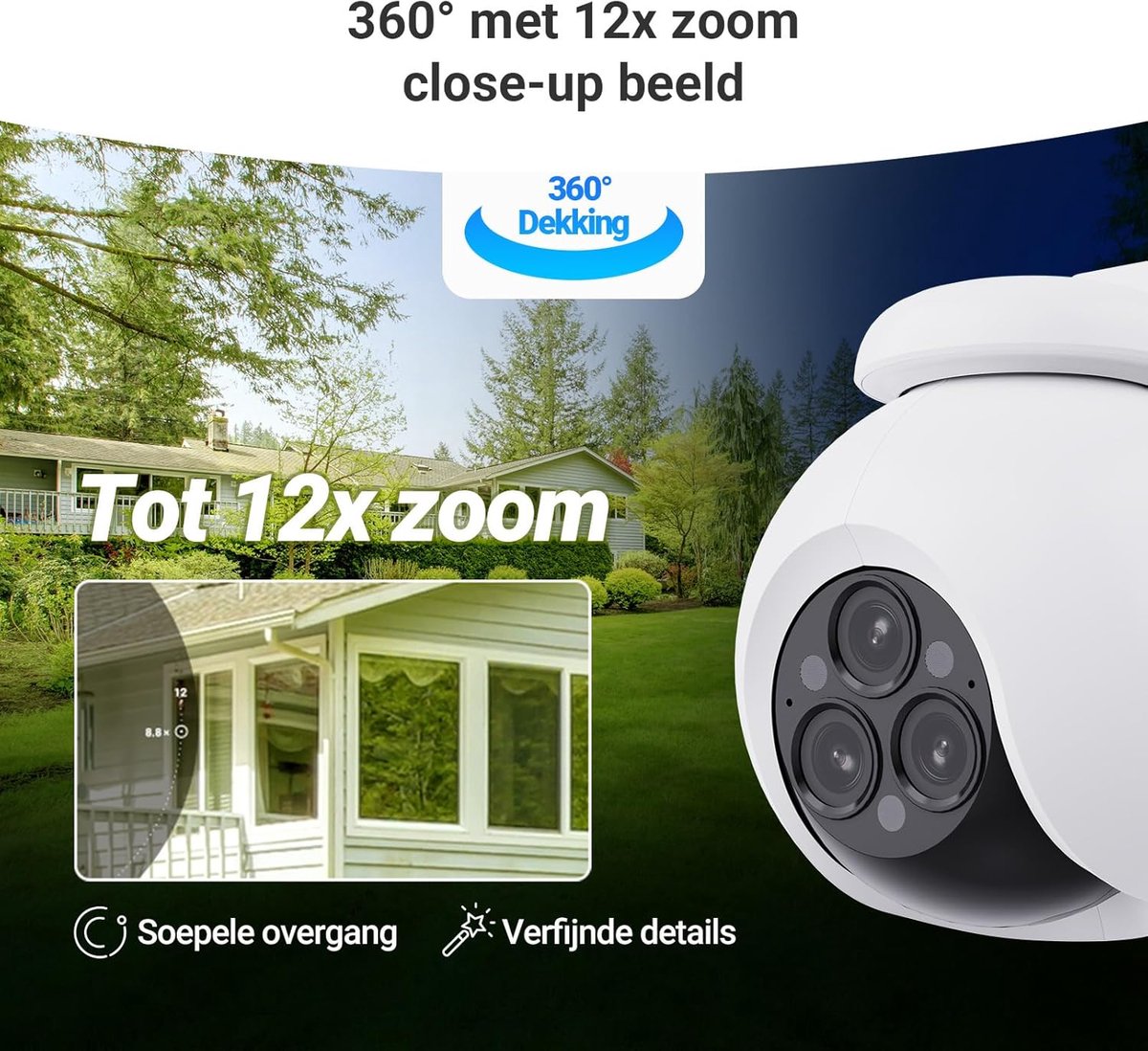 Thijox - Beveiligingscamera Buiten Wifi 12MP met 3x 2K+ Lenzen, 12x Zoom, AI-Detectie Personen & Voertuigen, IP67 Waterdicht, Kleuren-Nachtzicht, Sire