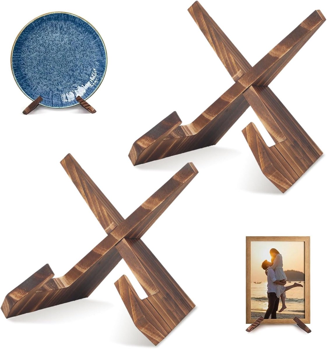 SnelShoppen - Tellerstandaard Set van 2 - 6,5 inch Houten Bordhouder Fotolijstenhouder Kaartenhouder Boekhouder voor Thuis, Feest, Keuken, Kantoor en