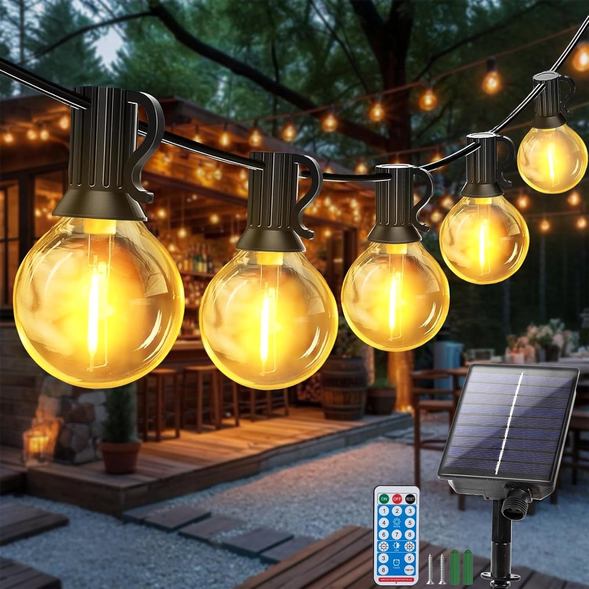 Thijox - Led-lichtsnoer buiten op zonne-energie, 10 m lichtketting met 25 + 2 G40 gloeilampen, tuinverlichting met afstandsbediening, waterdicht, 3 ti