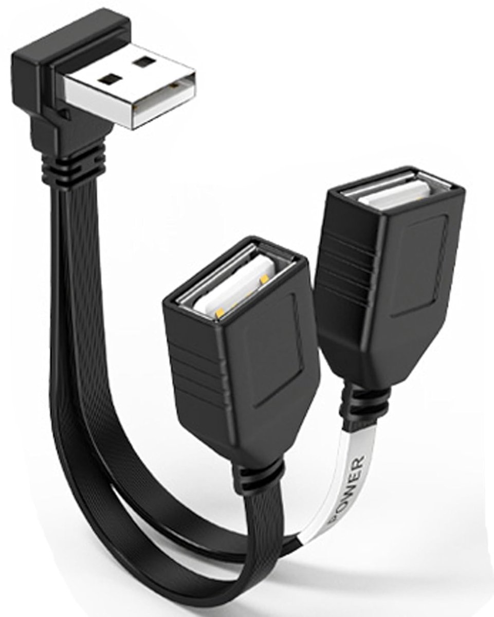 SnelShoppen - USB Splitter Kabel 1 in 2 Out, 90 Graden USB 2.0 A Stekker naar Dual Bus Verlenging, Opladen en Gegevensoverdracht voor Auto, Laptop, Ta