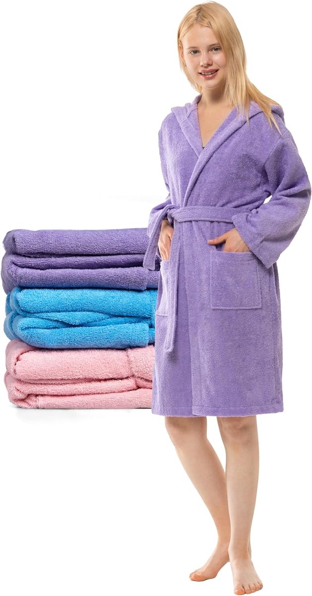SnelShoppen - Twinzen Badjas met Capuchon voor Tienerjongens - 100% OekoTex Katoen - Ultrazachte Badstof Badjas 13-14 Jaar - Paars - Perfect voor Thui