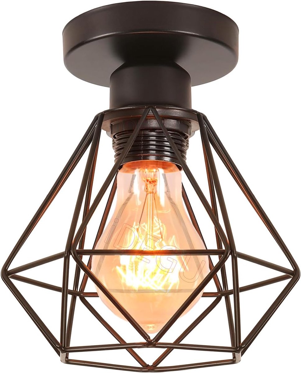 SnelShoppen - Vintage Plafond Hanglamp Armatuur, Geometrische Kooi Stijl Industriële Plafondlamp Metalen Lampenkap E27 Kroonluchter 16 cm Zwart voor S
