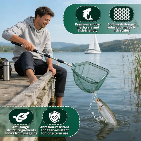 SnelShoppen - Schepnet voor Vissen Telescoop Uittrekbaar Opvouwbaar 130 cm Aluminiumlegering Nylon Net Forelvijver Vijver Beken Meren Bootvissen Visac van Snelshoppen — afbeelding 3
