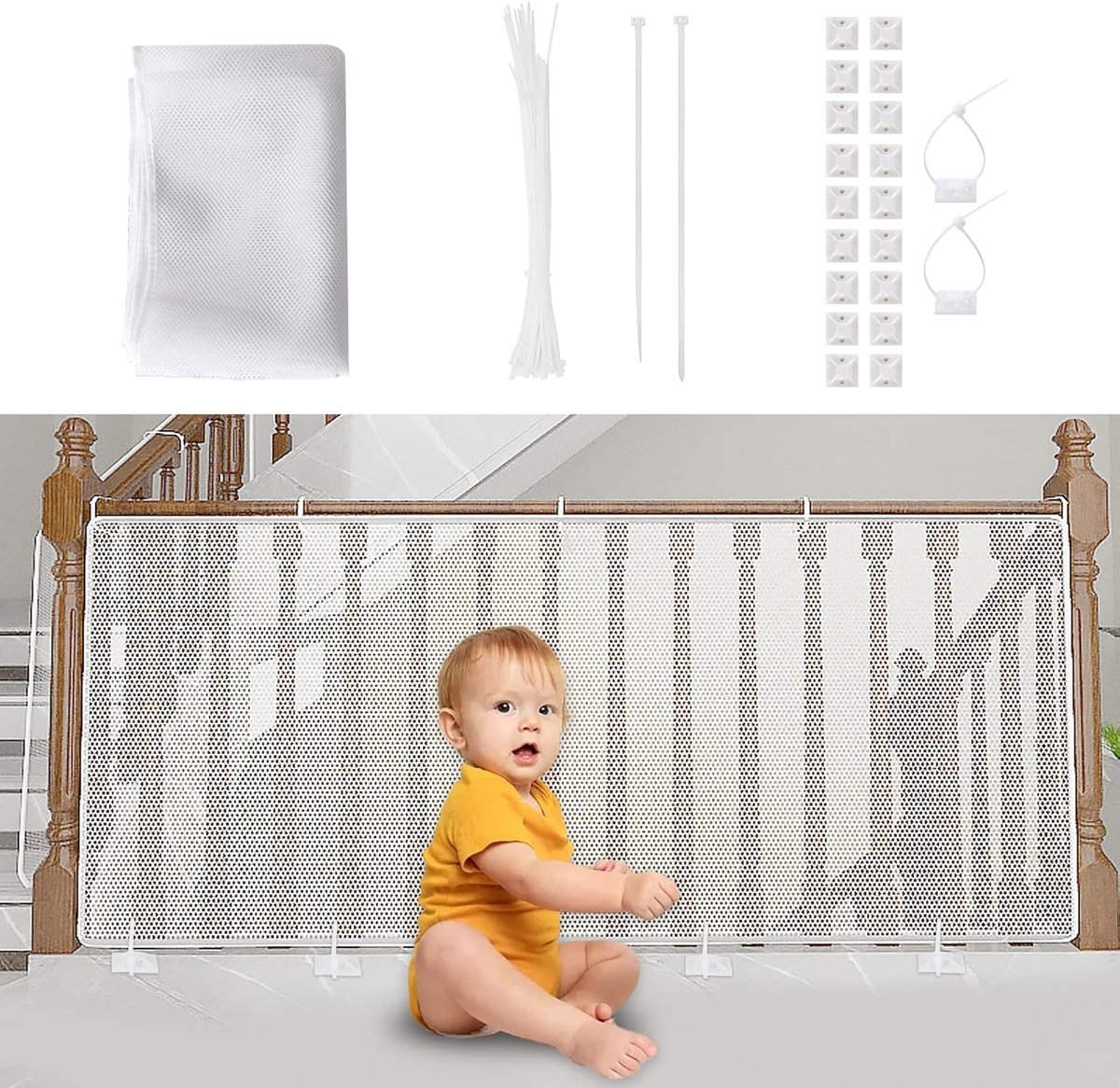 SnelShoppen - Kindveiligheidsnet voor Kinderen, Baby Beschermnet voor Balkon en Trap, 300 x 90 cm, Robuust, Verstelbaar Traphekje, Gaas Veiligheidshek