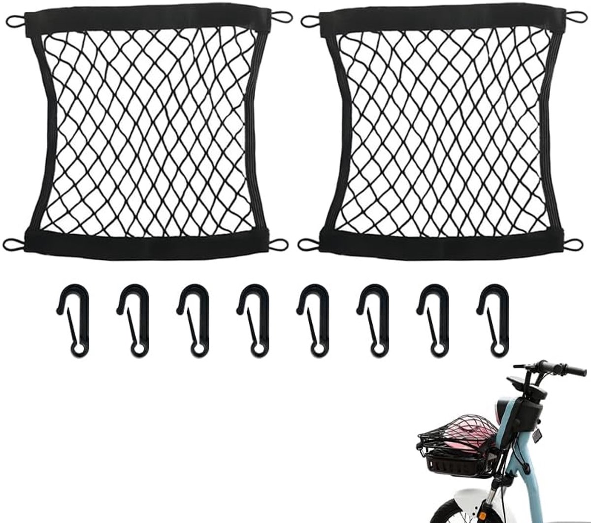 SnelShoppen - Pack van 2 Universele Motorrugzak Netten 32.5x29 cm met 4 Sterke Haken - Elastisch Zwart Net voor Helm, Bagage, Fiets en Scooter