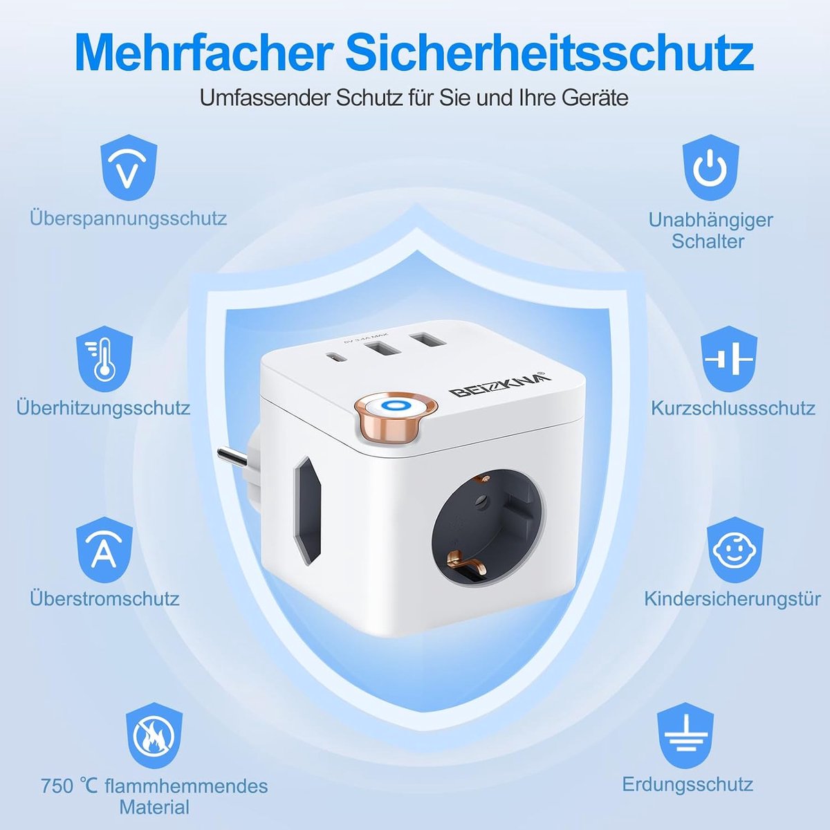 SnelShoppen - Power Strip Zonder Kabel, 3-Way Meerdere Stopcontacten met USB-C, 3680W Plug Adapter, Cube, 6-in-1 USB Cube, Multifunctionele Stekkerdoo