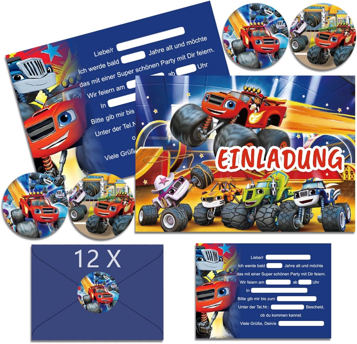 SnelShoppen - 12 Kinder Verjaardagsuitnodigingen met Enveloppen - Duitse Cartoon Thema Uitnodigingen voor Feestjes - Perfect voor Kinderverjaardagen e