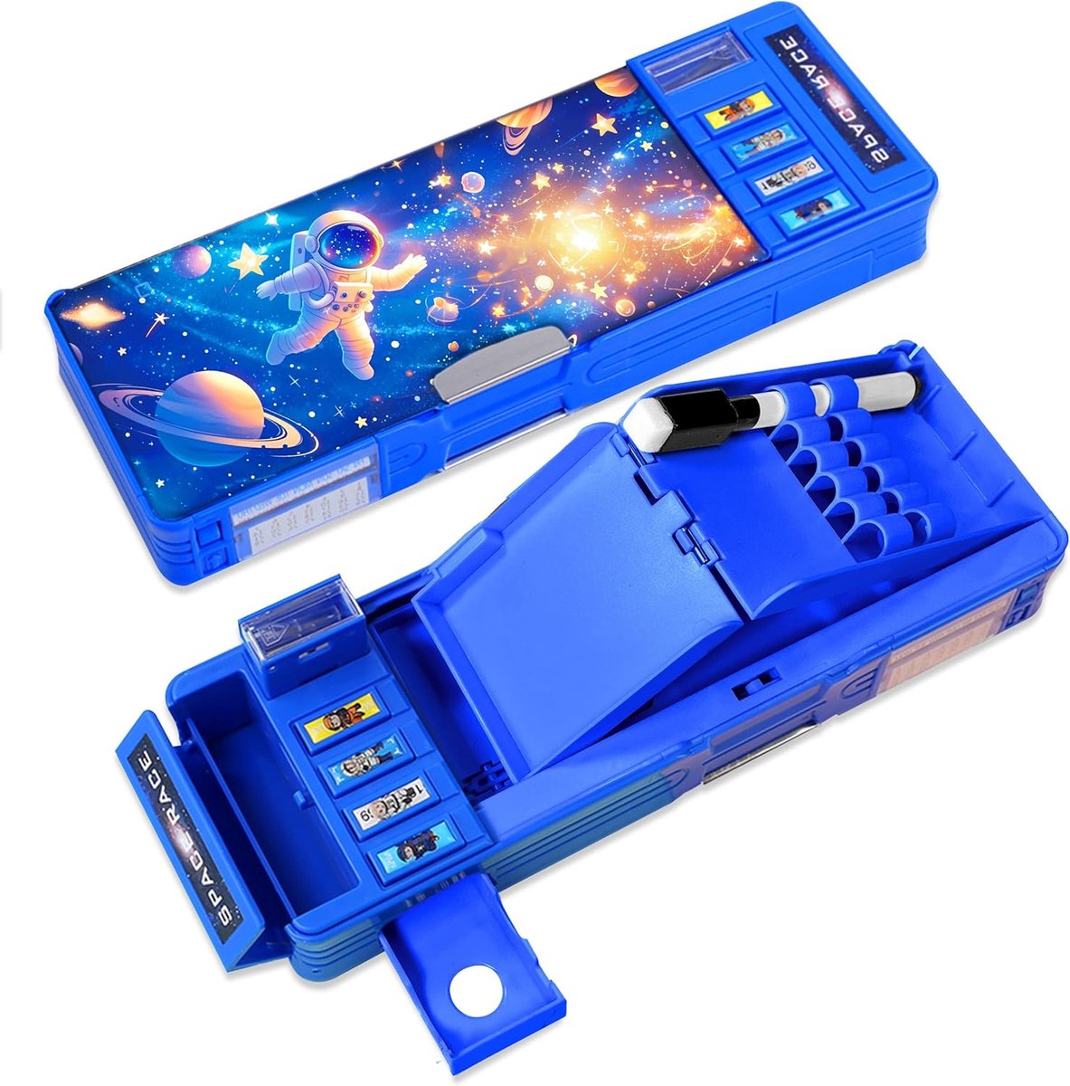 SnelShoppen - Pop Up Multifunctionele Pennenbak voor Kinderen, Leuke Cartoon Pen Box Organiser met Potloden, Pennen, Puntenslijper en Whiteboard, Blau