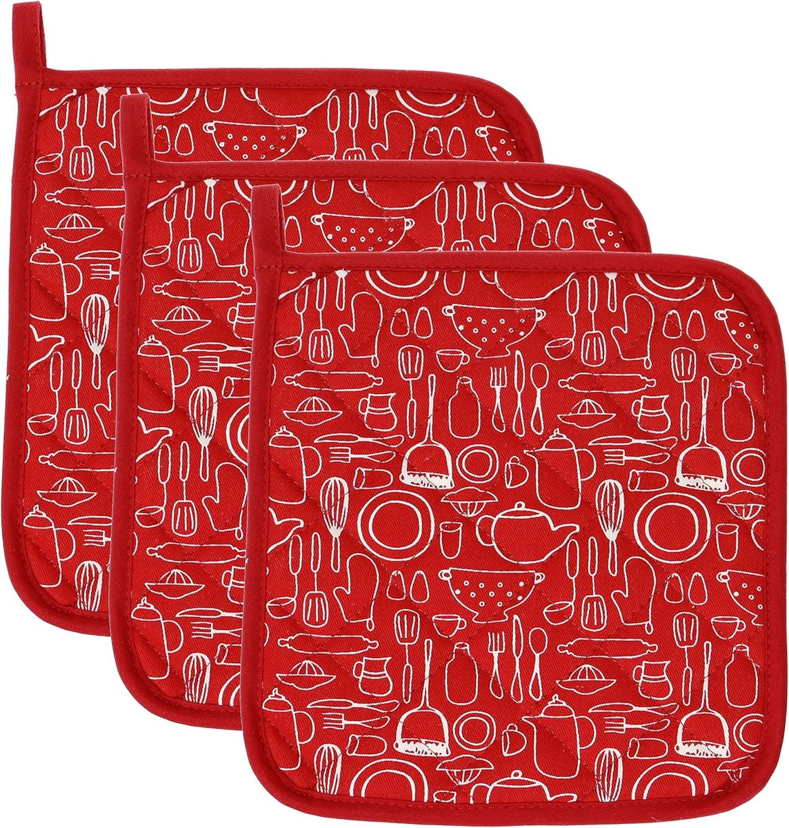 SnelShoppen - 3x Set van 100% Katoenen Keuken Potholders - Hittebestendige Ovenwant Coasters 20x20cm Rood - Ideaal voor Koken en Bakken