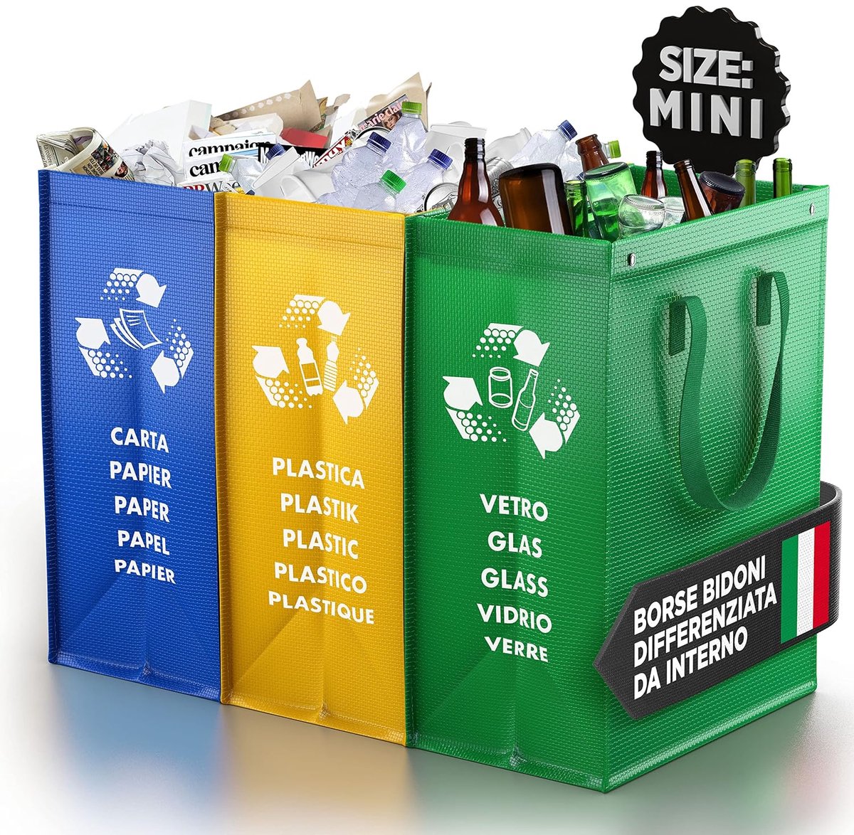 SnelShoppen - Mini Prullenbak met 3 Compartimenten - Afval Scheiden voor Papier, Glas en Plastic - Duurzame en Herbruikbare Organiser Tassen - Ideaal