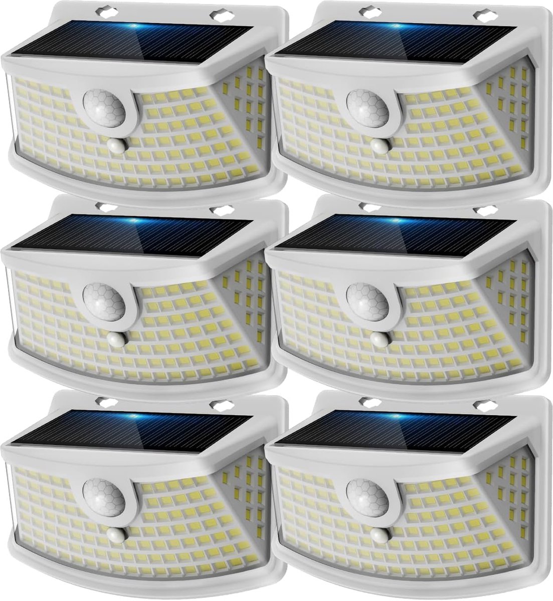 SnelShoppen - Solar Wandlampen Buiten met Bewegingssensor - 120 LED, 270° Hoek, IP65 Waterdicht, 6 Stuks voor Tuinverlichting, Wit Frame, Koud Wit